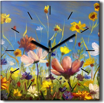 Produktbild von Coloray Hodiny Unikátní 30x30 cm  Tiché hodiny Pro obývací pokoj a kuchyň Nástěnné hodiny Plátno Černé ručičky hodin - Malování květin louky