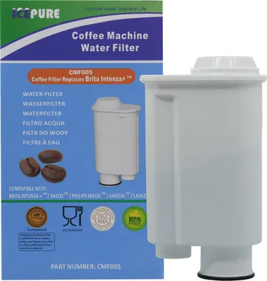 The image shows the packaging and the product itself for a coffee machine water filter.