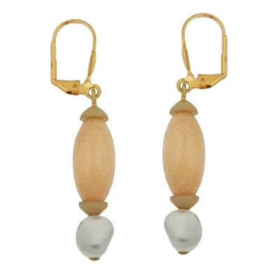 Produktbild von Ohrbrisur Ohrhänger Ohrringe 52mm goldfarben Holzperle hell natur und Kunststoffperle hell beige marmoriert goldfarben 50mm