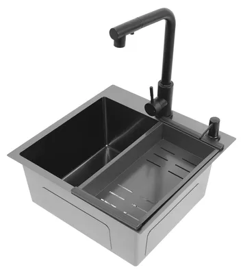 Produktbild von Küchenspüle Spülbecken - Edelstahl Einbauspüle - Einzelbecken - Mit ausziehbarer Küchenarmatur - Mit Ablaufkorb Filterkorb - Schwarz