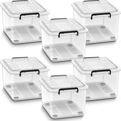 Produktbild von úložné boxy tillvex® s vekom sada 6 ks - 13 l, vhodné na potraviny | sada plastových boxov stohovateľná | box na skladovanie veľký | úložný box na oblečenie priehľadný 100 % panenský materiál