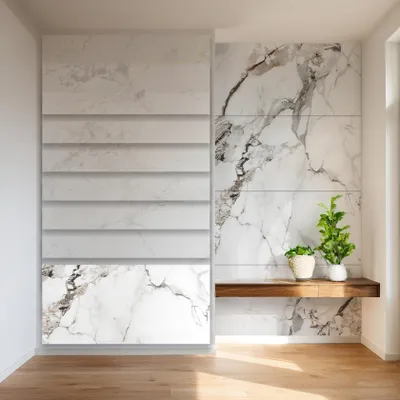 Produktbild von HEXIM Marmorplatten Optik 4er-Set 122×70cm SPC Kunststoff Innen & Außenbereich Granit Steinoptik - Duschrückwand Küchenrückwand Dekorpaneeel uv-beständig weiß (3,42 m² 2012B) A-Serie
