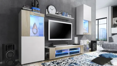 Produktbild von Vladon Wohnwand Movie, Anbauwand bestehend aus 1 TV-Board, 2 Vitrinen und 1 Regal, Weiß matt/Weiß matt/Eiche Sägegrau, inkl. LED-Beleuchtung blau (Gesamt: 300 x 190 x 39 cm)