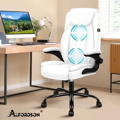 Produktbild von ALFORDSON Bürostuhl, Ergonomischer Schreibtischstuhl, Drehstuhl mit hochklappbarer Armlehne, höhenverstellbar, 150 kg belastbar, Kunstleder, Weiß
