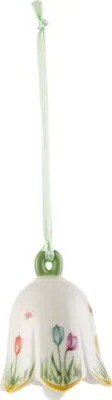 A single Villeroy & Boch New Flower Bells Ornament Tulpe hanging from a light green ribbon against a white background.