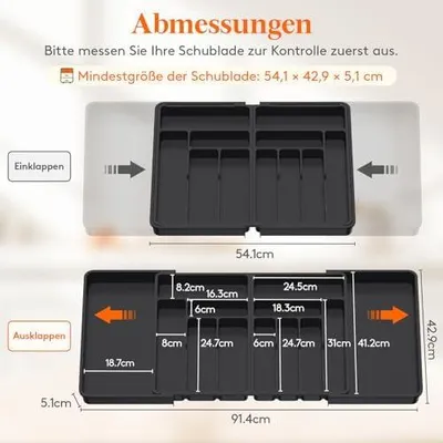 Produktbild von Großer Besteckkasten für Schubladen, einstellbare Breite 54,1–91,4 cm, Tiefe 43 cm, 11–13 Fächer, abnehmbarer Kunststoff-Schubladenorganizer für die Küche