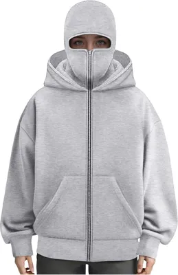 Obrázek produktu pro ASKSA Balaclava Zip Hoodie Men Women Unicoloured Hoodie Warm with Balaclava Casual Hoodie Loose Sweat Jacket,Grey,L
