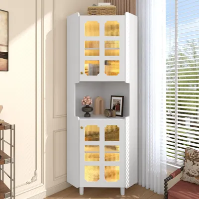 Produktbild von Flieks Eck-Schrank mit LED-Beleuchtung, Multifunktionale Ecken-Kommode, für Wohnzimmer, Badezimmer, Schlafzimmer, Esszimmer,  Schrank, Weiß