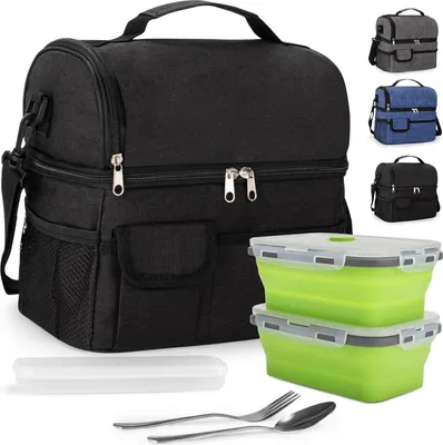 Produktbild von 10L Isolierte Lunchtas Thermische Tasche mit Doppelkammern - Schule Picknick Arbeit - Schwarz - Edelstahl Besteck - Inklusive 2 Lunchboxen