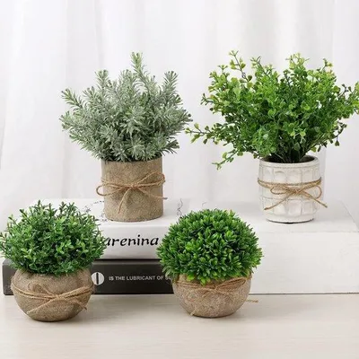 Produktbild von Kunstliche Topfblumen, 4-teiliges Set Mini-Topfpflanzen, Kunstliche Gras Pflanzen 7 Schichten, Kunststoff Kräuter