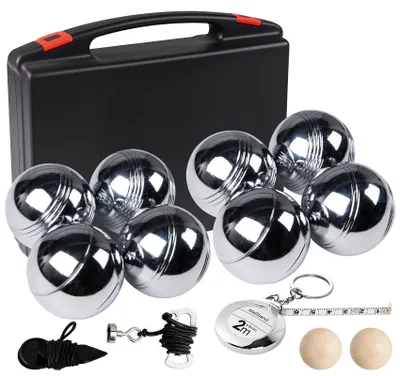 Produktbild von 8er Boule Set Boccia Kugeln mit 2 Zielholzkugeln, 2 Messwerkzeuge, 1 Boule-Kugelmagnet und Tragetasche, 4 Oberflächenstrukturen, Outdoor Boccia Spiel