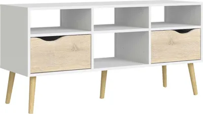 Produktbild von Fernsehschrank Aliani, Ständer für Wohnzimmerfernseher, Niedriges Wohnzimmer-Sideboard, TV-Ständerbasis, 117x39 h57 cm, Weiß und Eiche