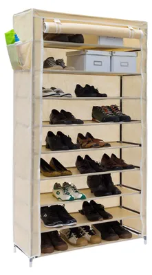 Productafbeelding van Relaxdays schoenenkast VALENTIN, hoogte x breedte x diepte: 161x88x30 cm, 10 planken, stoffen bekleding, rits, geschikt voor 45 paar schoenen, beige