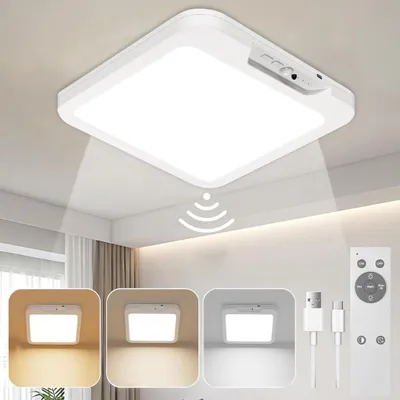 A collage showing a white square LED ceiling light with different color temperature examples and accessories like a remote and USB cables.