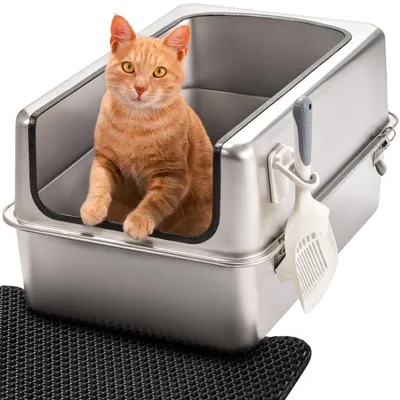 Image de Litière pour chat XXL en acier inoxydable, avec rebord surélevé et pelle