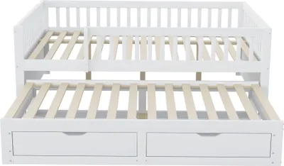 Produktbild von Flieks Kinderbett 140x200cm mit Ausziehbett 90x190cm, Holzbett Klassisches Bett mit 2 Schubladen, Doppelbett Jugendbett mit Rausfallschutz, Weiß
