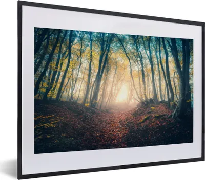 Produktbild von MuchoWow® Gerahmtes Poster Wald - Nebel - Sonne - Herbst 40x30 cm - Poster mit Schwarzem Bilderrahmen Wandposter Rahmen Foto Bilder - Bilderrahmen - Poster im Rahmen