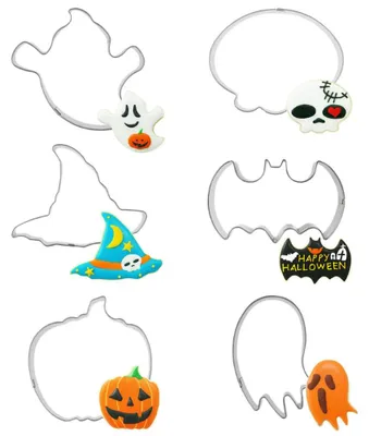 Produktbild von Ausstechformen-Set - Edelstahl-Halloween-Motive Kürbis Fledermaus Geist Hexenhut und Totenkopf - Backzubehör für Kekse und Fondant