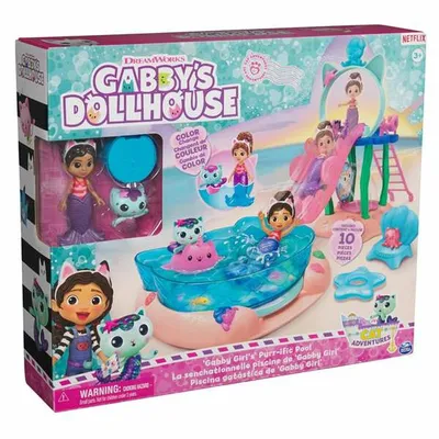 Produktbild von Spin Master Gabby's Dollhouse Pool Spielset, inkl. 2 Figuren, farbwechselnde Meerjungfrauenflossen, Überraschungsbox, 10-teilig, B: 358,9mm x T: 304,8mm x H: 82,5mm, ab 3 Jahren, kompatibel mit Gabby's Purrfect Puppenhaus, Mehrfarbig