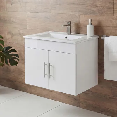 Produktbild von Waschbecken + Unterschrank HWC-D16, Waschbecken Waschtisch, -, hochglanz 60cm  weiß