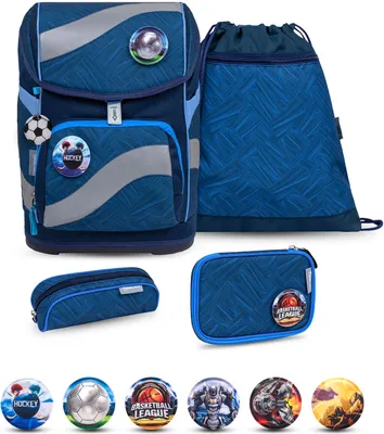 Produktbild von Belmil Smarty ergonomisches Schulranzen Set 5-teilig "Blue Motion" mit Brustgurt, Hüftgurt, Magnetverschluss, Patch Set 6 Stück