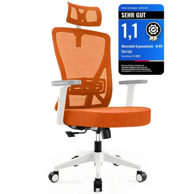 Produktbild von Ergonomischer Bürostuhl 200 kg Tragkraft, Netzstuhl mit Lordosenstütze, Kopfstütze, höhenverstellbaren Armlehnen, 130° Neigung