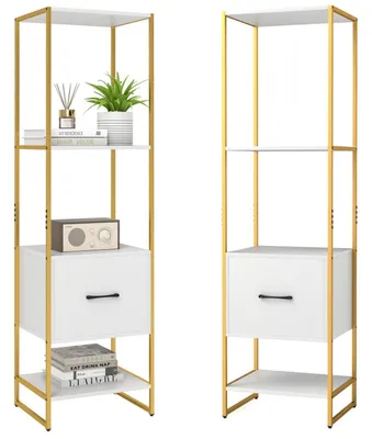 Produktbild von Wandregal mit 4 Ebenen und Schublade, vertikales Bücherregal, Metallrahmen, Eckregal, 45 x 35 x 160 cm, Weiß