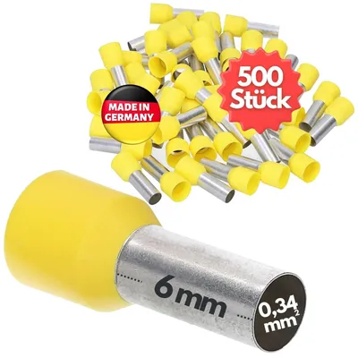 Immagine prodotto di 500 connettori a crimpare isolati Kalitec AE03406GE, sezione 0,34 mm², lunghezza 6 mm, colore giallo. Prodotto in Germania, qualità industriale