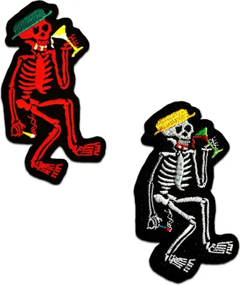 Produktbild von Saufendes Skellett Biker - Aufnäher, Bügelbild, Aufbügler, Applikationen, Patches, Flicken, Zum Aufbügeln, Größe: 5,4 x 9,5 cm