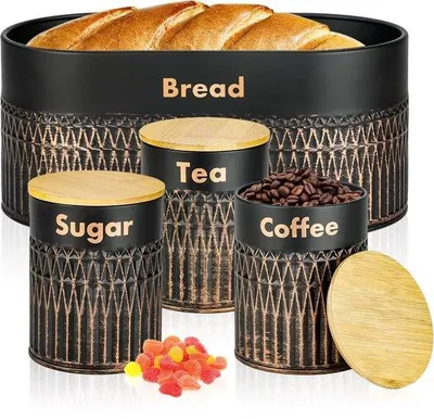 Immagine prodotto di Set di contenitori Unyqoos® Brotbox (4 pezzi) – Contenitori vintage per pane e prodotti da forno, impilabili, neri con coperchio in bambù, con sistema di ventilazione per una maggiore durata della freschezza