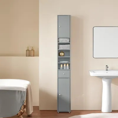 SoBuy Hochschrank BZR34-HG in grau im modernen Badezimmer mit Waschtisch und Badewanne