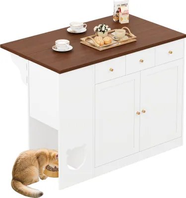 Immagine prodotto di okwish Mobile da cucina a isola allungabile con cassetto e portaspezie, carrello di servizio a buffet con contenitore per i pasti e area per animali domestici, legno-bianco