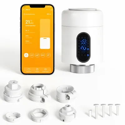 Obrázek produktu pro Ikodm Chytrý termostat pro radiátory, WiFi, ovládání přes aplikaci, kompatibilní s platformami Smart Life/Tuya, 7 adaptérů, bílý, 1 kus