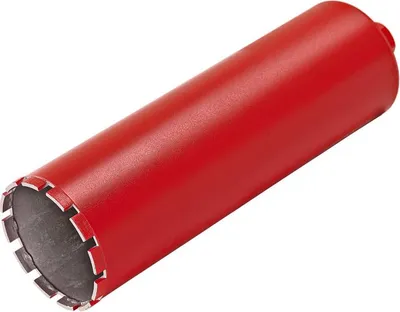 A red cylindrical drill bit with a serrated cutting edge on a white background.