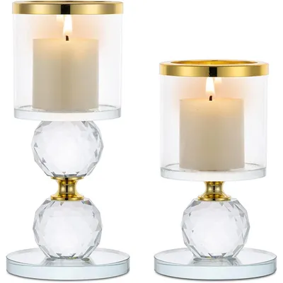 Productafbeelding van Kristallen kaarsenstandaard set, 2 stuks, glas, goud, klein en groot