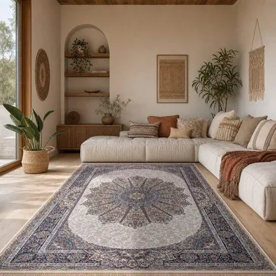 Image de Tapis oriental classique Unyqoos®, 80 x 150 cm – Crème, 100% polyester, à poils courts, lavable, avec envers antidérapant