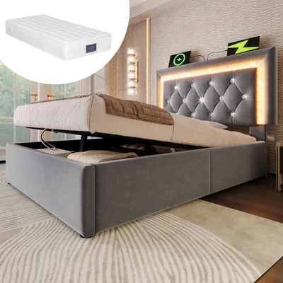 Obrázek produktu pro okwish Čalouněná postel 90x200, Dětská postel s LED světlem a USB, Postel s úložným prostorem a roštem, Šedá (s matrací)