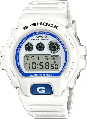 A white G-Shock digital watch with blue accents is shown against a white background.