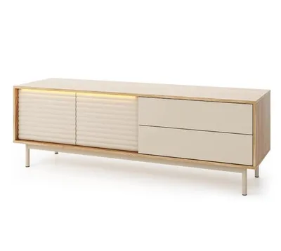 Produktbild von TV-Schrank TIRON, TV-Lowboard mit 2 Türen und 2 Schubladen, Modernes TV-Möbel mit Stauraum, Fernsehtisch für Wohnzimmer, TV-Kommode, Eiche/Kaschmir