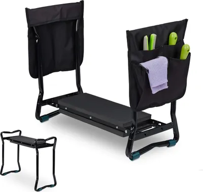 Produktbild von Relaxdays Kniebank für Gartenarbeit, klappbar, bis 150kg, inkl. 2 Taschen, gepolsterte Kniehilfe, 50x60x27,5 cm, schwarz