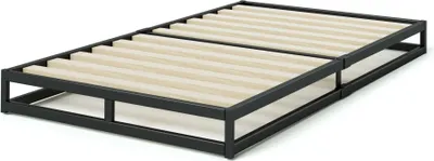Schwarzer Plattformrahmen ohne Matratze mit sichtbaren Holzlatten.