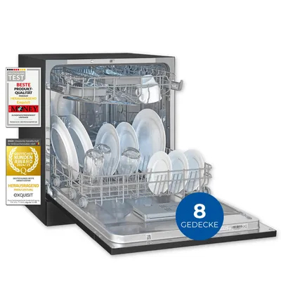 Produktbild von Exquisit Geschirrspüler GSP5508-030D schwarz | Spülmaschine 55 cm | Maßgedecke: 8 Restlaufzeiten Anzeige | Tischgerät