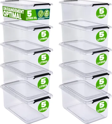 Image de DEUBA® 10x Boîte de rangement 5L plastique transparent empilable sans BPA gain de place caisse de rangement organiseur