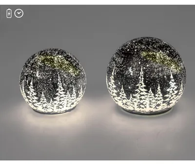 Produktbild von 2er Set LED Kugeln FROSTY WINTERWALD schwarz 10 + 12cm Glas mit Timer Formano