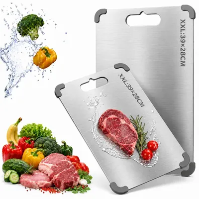 Imagen del producto de Omgoods - Tabla de cortar de acero inoxidable, tamaño XXL - 39 x 28 cm, con borde de silicona antideslizante