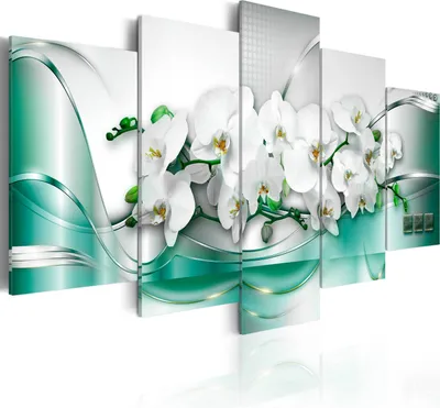 Produktbild von Leinwandbilder Abstrakt 200x100 cm Vlies Leinwandbild 5 tlg Kunstdruck modern Wandbilder XXL Wanddekoration Design Wand Bild - Blumen Orchidee weiß silber grün b-A-0195-b-m
