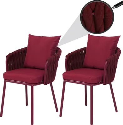 Image de Lot de 2 chaises de jardin en aluminium HWC-P89, fauteuils de jardin, chaise d'extérieur, tissu/textile (180 g/m²) tressage en corde ~ bordeaux