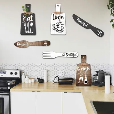 Produktbild von 6-teiliges Küchen Wanddekor Set - Holz Hänger Zubehör - Mini Holz Plakette Gabel und Löffel Form Dekorationen - Rustikaler Stil - Wohnkultur - Schwarz Braun Weiß 28x14cm/30x6cm