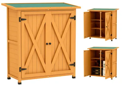 Produktbild von Gartenschrank, Geräteschuppen aus Holz, Wetterfest Geräteschrank mit 2 Türen Asphaltdach 110 x 55 x 117 cm, Gelb