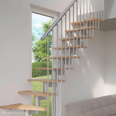 A modern spiral staircase with wooden steps and metal railings, positioned next to a large window overlooking a garden.